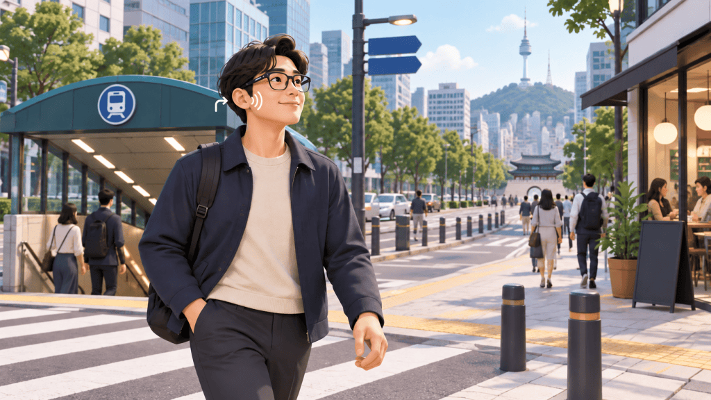 서울 도심에서 스마트폰 화면 대신 AI 안경의 음성 길 안내를 들으며 걷는 모습을 표현한 개념 일러스트