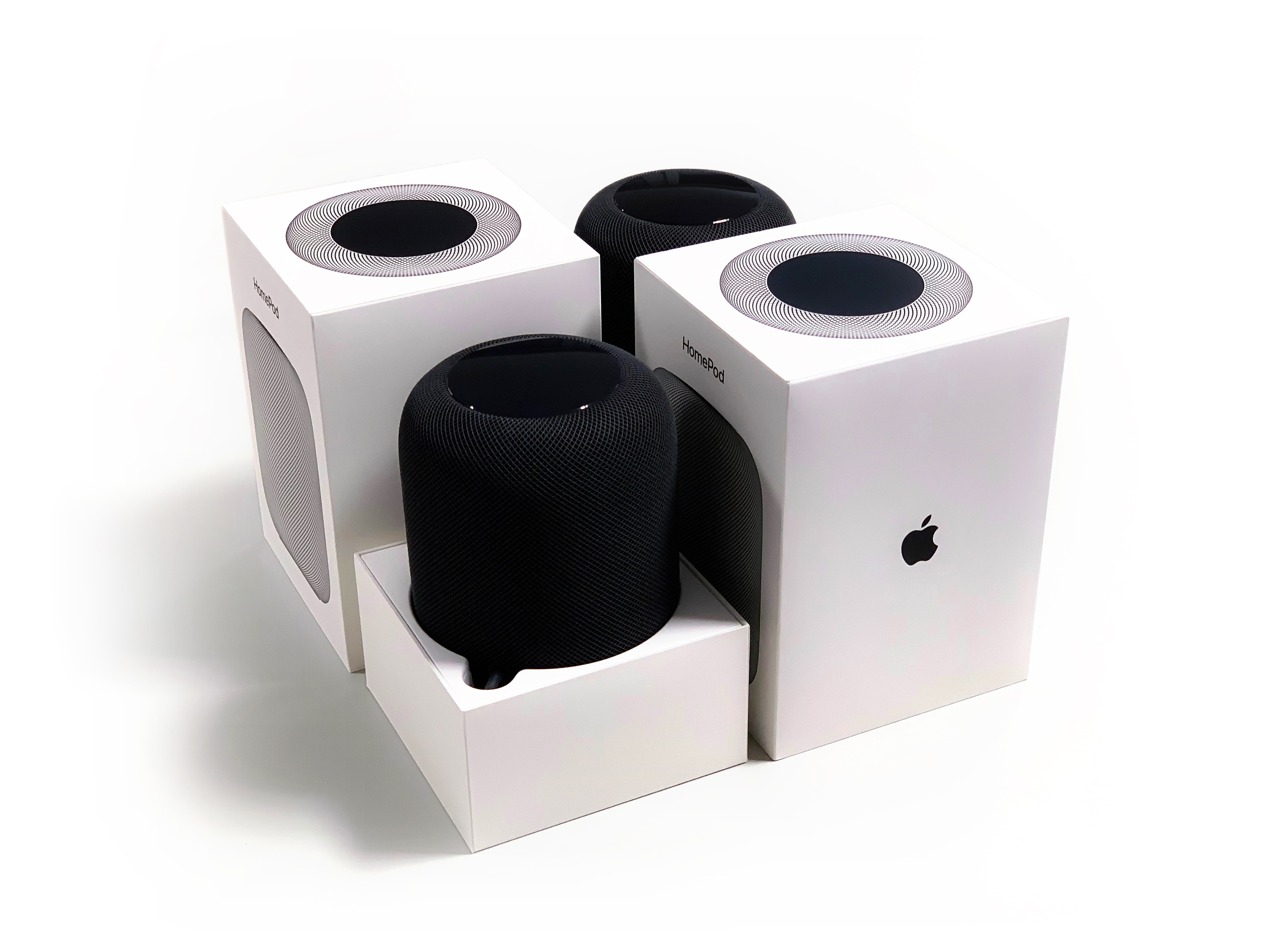 기존 Apple HomePod 스마트 스피커와 제품 상자. 보도된 HomeView의 제품 사진이 아님.
